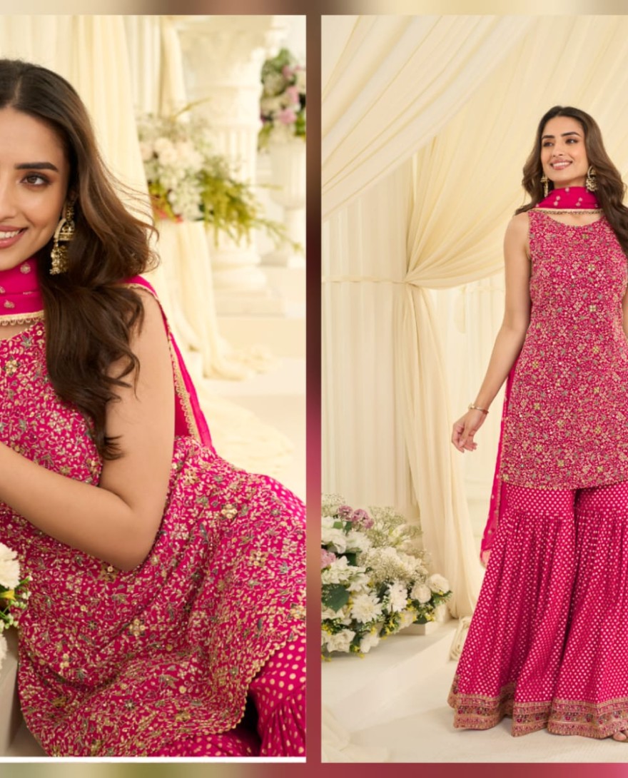 PINK - Rani Pink Embroidered Georgette Designer Sarara Kameez
